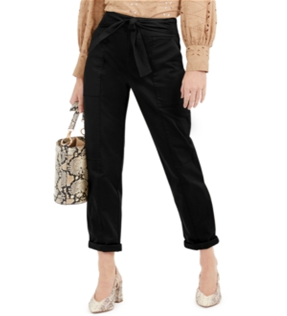 Calça utilitária feminina com amarração frontal e perna afunilada, elástica, preta, tamanho 0, da INC International Concepts