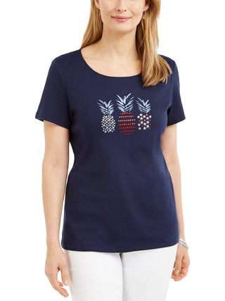 Camiseta feminina Karen Scott azul marinho com detalhes em abacaxi, tamanho médio
