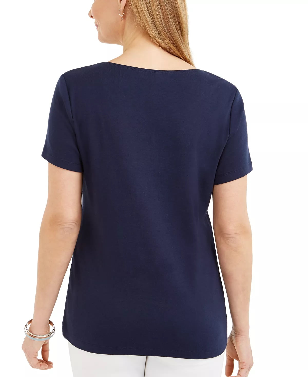 Camiseta feminina Karen Scott azul marinho com detalhes em abacaxi, tamanho médio