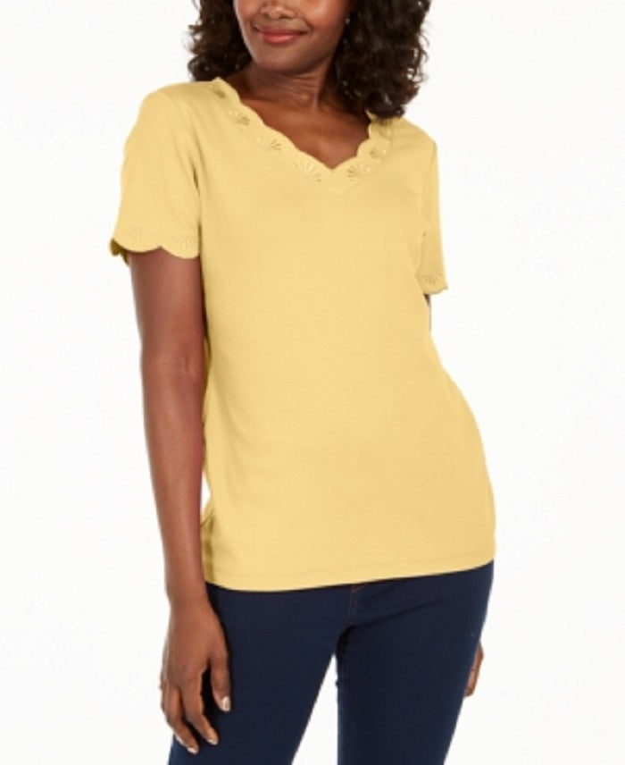 Camiseta feminina Karen Scott de algodão com decote em V e estampa recortada, tamanho XS