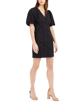 INC International Concepts Men's Puff Sleeve Eyelet Shift Dress Black Size 8