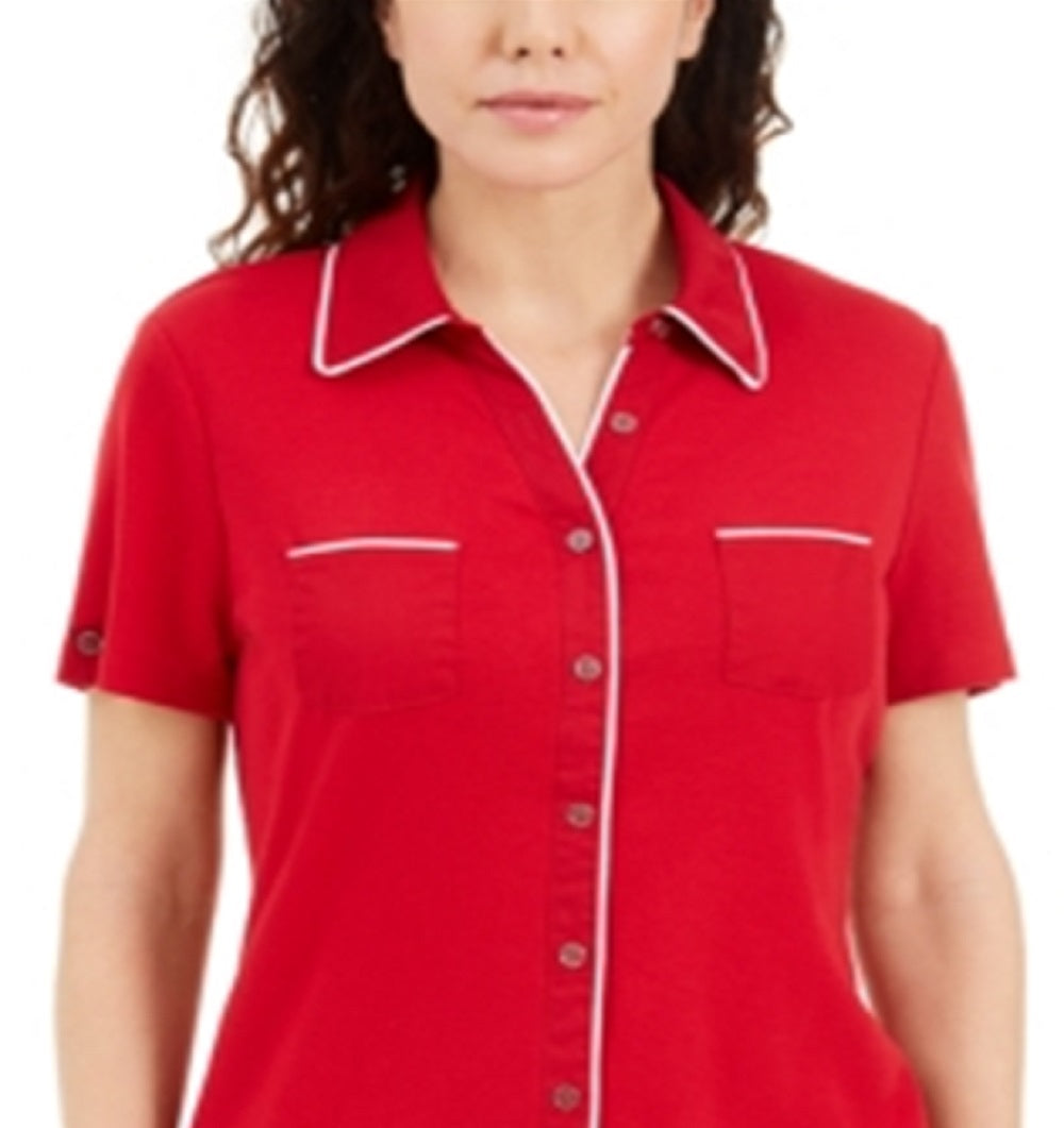 Blusa feminina Karen Scott com botões e debrum de algodão, vermelha, tamanho médio