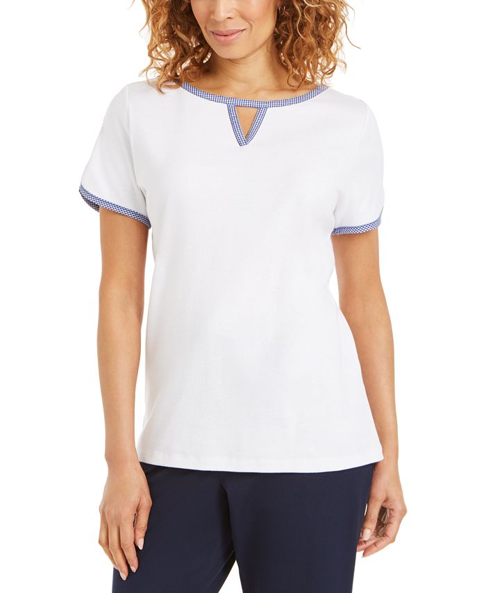 Karen Scott Blusa Feminina com Decote em V e Acabamento Contrastado, Branca, Tamanho XXG