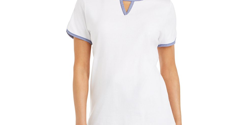 Karen Scott Blusa Feminina com Decote em V e Acabamento Contrastado, Branca, Tamanho XXG
