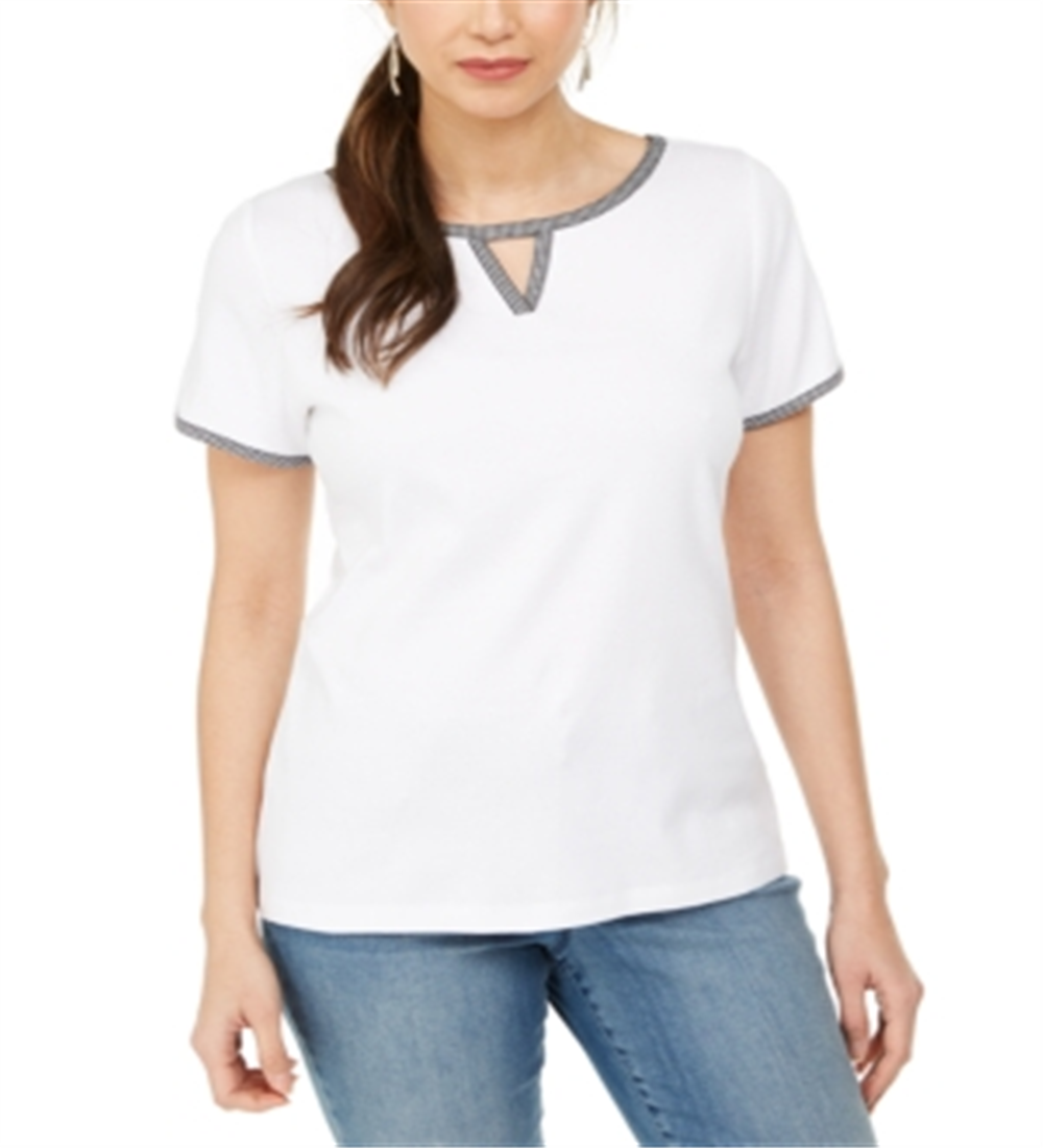 Karen Scott Blusa Feminina com Decote em V e Acabamento Contrastado, Branca, Tamanho XXG
