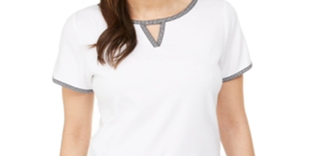 Karen Scott Blusa Feminina com Decote em V e Acabamento Contrastado, Branca, Tamanho XXG