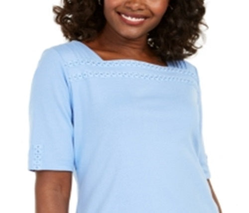Blusa feminina Karen Scott de algodão com acabamento em ilhós, azul, tamanho grande