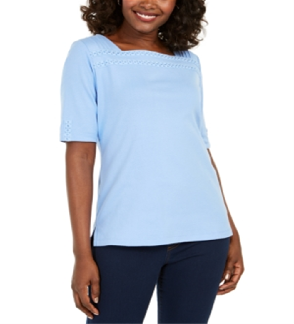 Blusa feminina Karen Scott de algodão com acabamento em ilhós, azul, tamanho grande