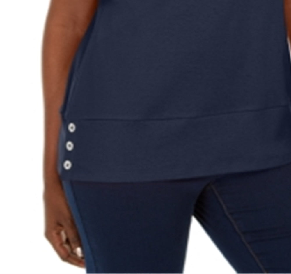 Karen Scott Blusa feminina de algodão com decote redondo e bainha de botão, azul, tamanho extragrande