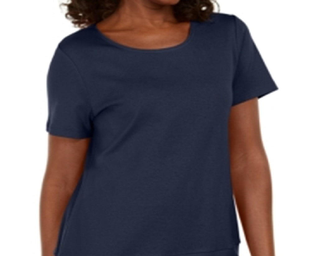 Karen Scott Blusa feminina de algodão com decote redondo e bainha de botão, azul, tamanho extragrande