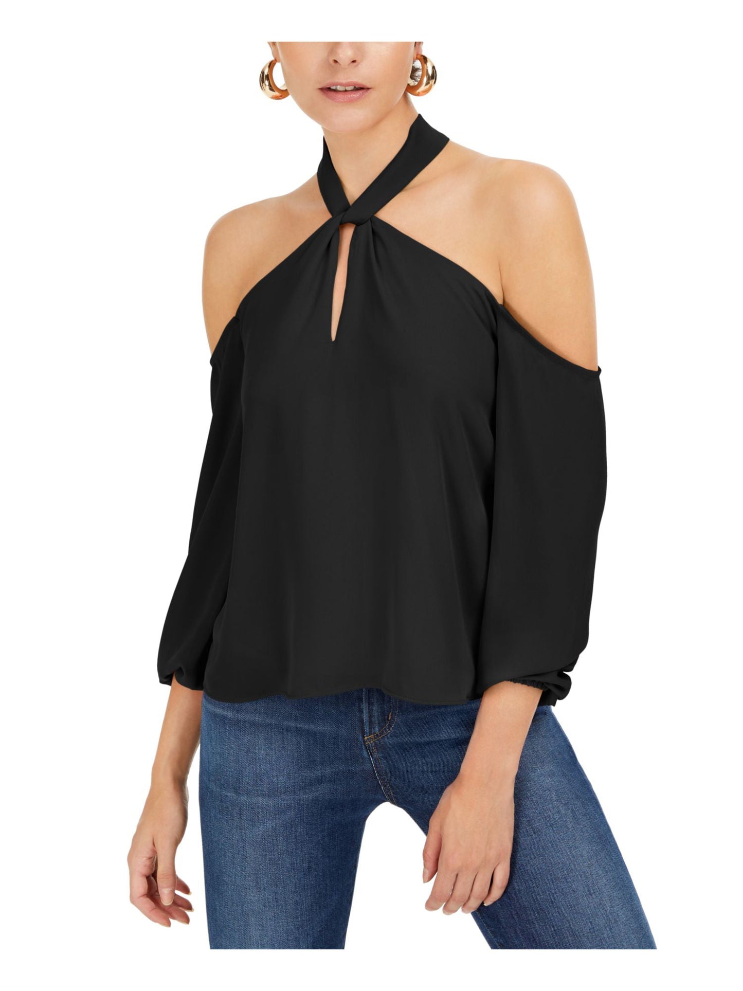 Blusa feminina Bar III com decote em V e manga comprida, estilo Keyhole, preta, tamanho XX-G