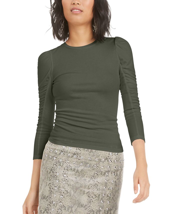 Blusa de malha feminina Bar III Plus com babados e babados, verde, tamanho XX-G