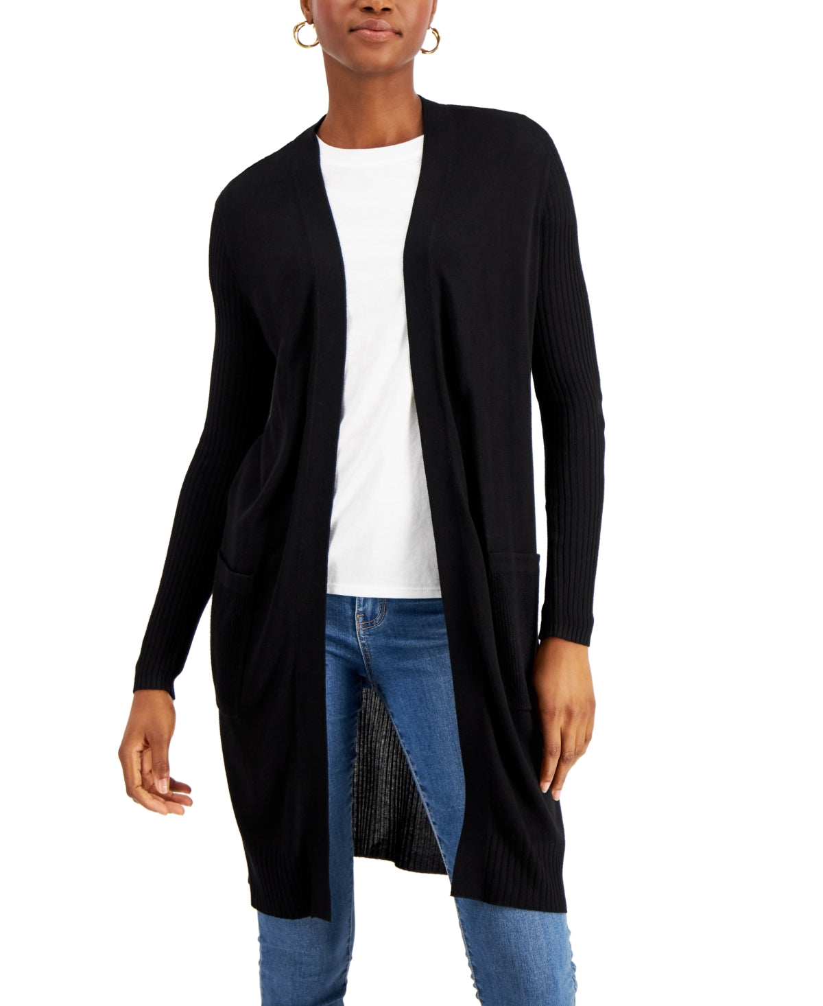Cardigan Duster Feminino Canelado INC International Concepts Preto Tamanho X-Grande