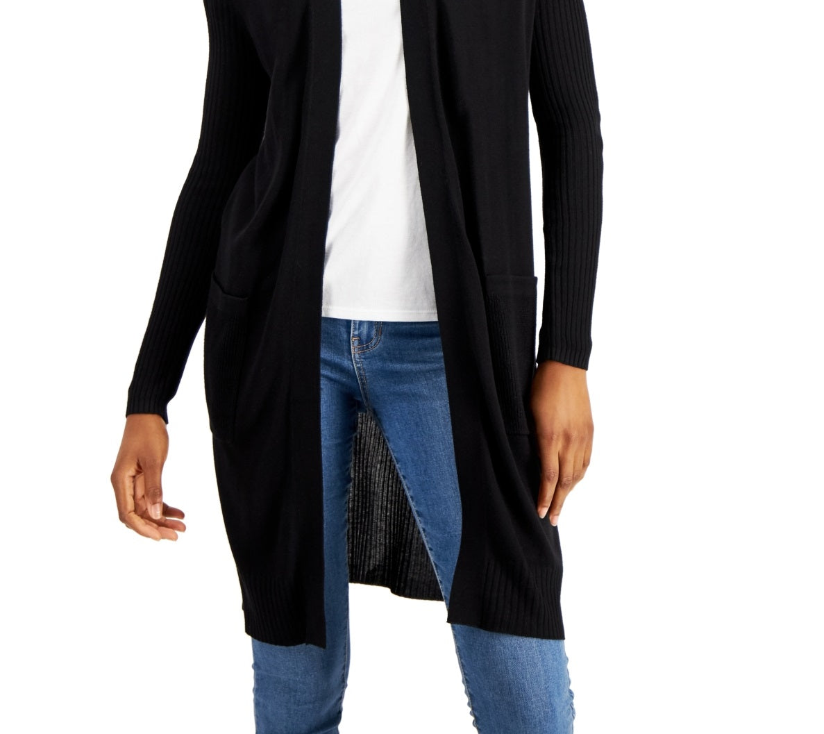 Cardigan Duster Feminino Canelado INC International Concepts Preto Tamanho X-Grande