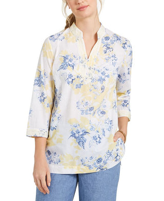 Túnica feminina Charter Club com estampa bordada e mistura de linho em voile, amarela, tamanho médio