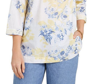 Túnica feminina Charter Club com estampa bordada e mistura de linho em voile, amarela, tamanho médio