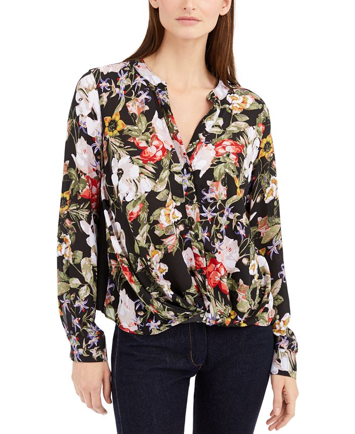 Blusa feminina com estampa floral e frente torcida, preta, tamanho extragrande, da INC International Concepts