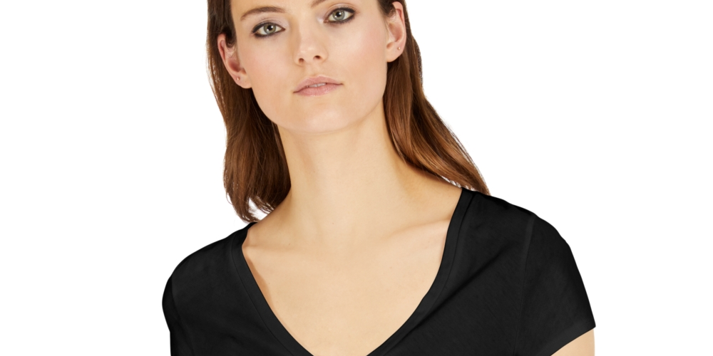 Camiseta feminina com decote em V da INC International Concepts, preta, tamanho grande