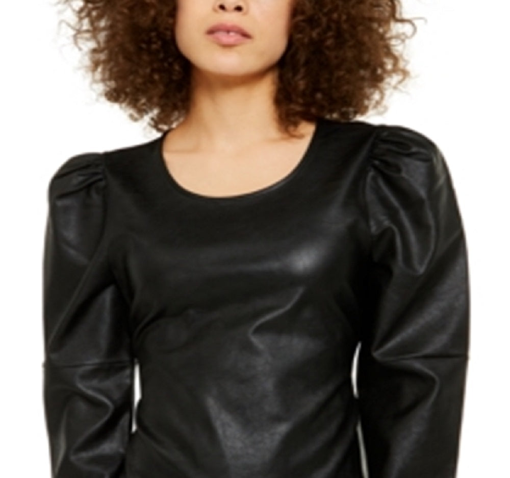 INC International Concepts Top feminino de couro sintético com amarração e gola redonda, manga comprida, tamanho XS