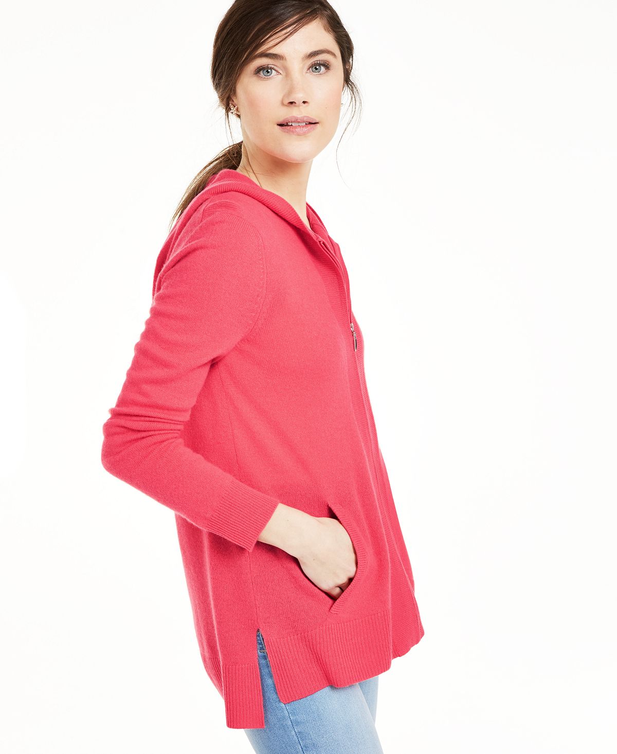 Moletom com capuz feminino de cashmere com zíper frontal, rosa, tamanho pequeno