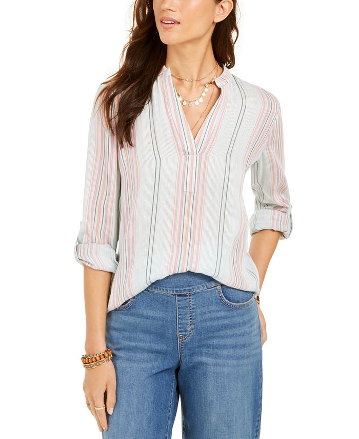 Blusa feminina de algodão listrada com mangas e punhos, estilo &amp; co, azul, tamanho X-S