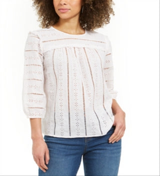 Style & Co Women's Striped Eyelet 3/4 Sleeve Top Pink Size Large