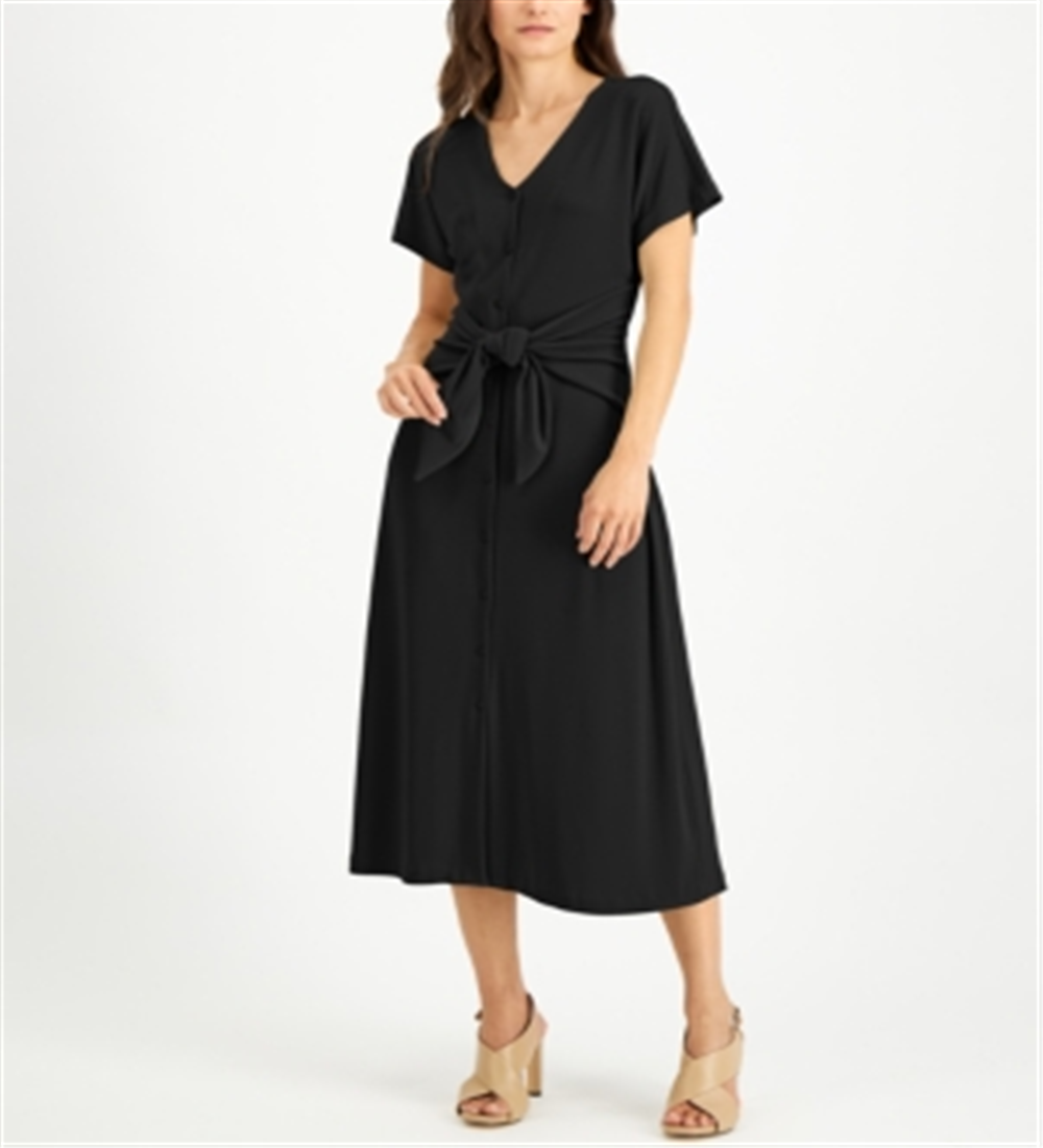 Vestido feminino Alfani com manga curta e decote em V abaixo do joelho, preto, tamanho extragrande