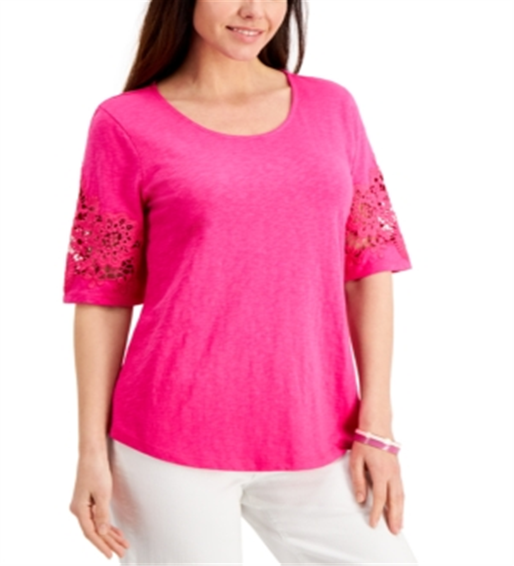 Charter Club Top de manga de renda de algodão feminino rosa tamanho pequeno pequeno