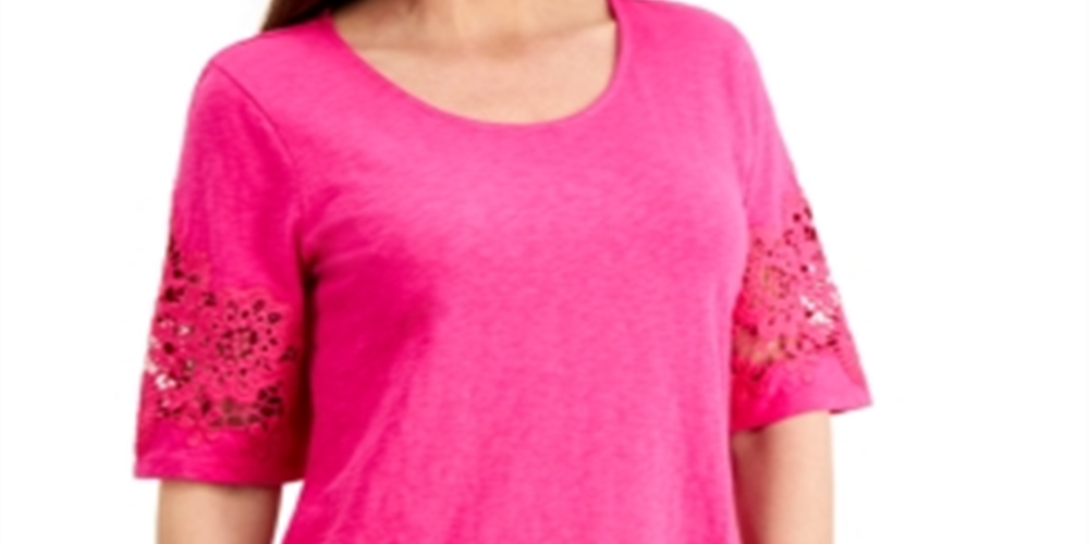Charter Club Top de manga de renda de algodão feminino rosa tamanho pequeno pequeno
