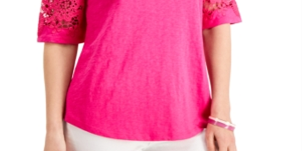 Charter Club Top de manga de renda de algodão feminino rosa tamanho pequeno pequeno