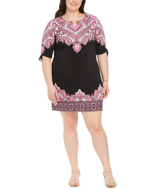 Vestido feminino estampado com manga franzida e estampa JM Collection, rosa, tamanho pequeno, médio