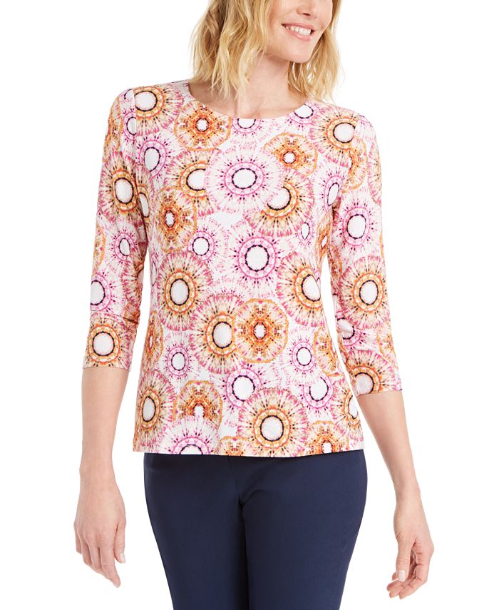 Blusa feminina estampada com manga 3/4 em jacquard, rosa, tamanho extragrande, da coleção JM