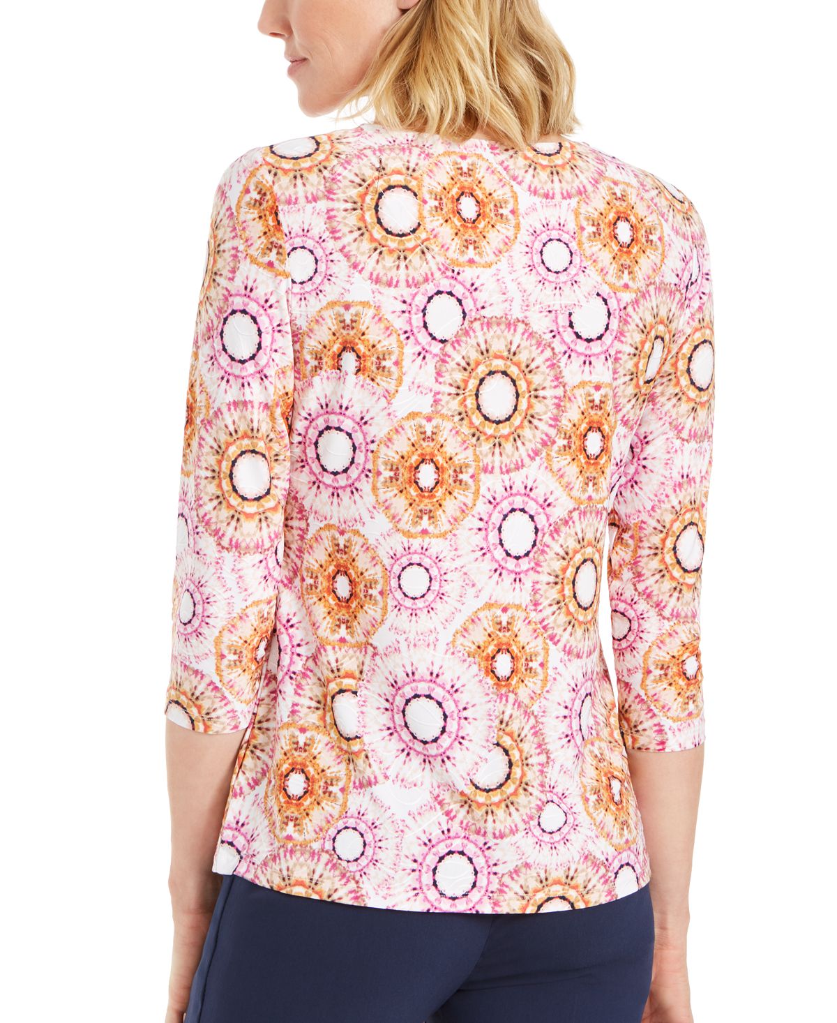 Blusa feminina estampada com manga 3/4 em jacquard, rosa, tamanho extragrande, da coleção JM