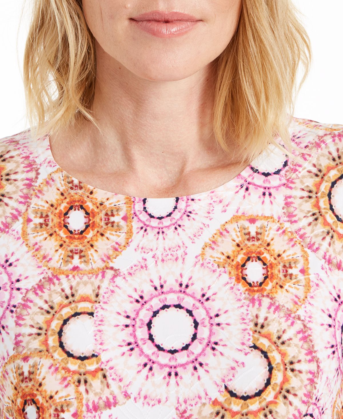 Blusa feminina estampada com manga 3/4 em jacquard, rosa, tamanho extragrande, da coleção JM