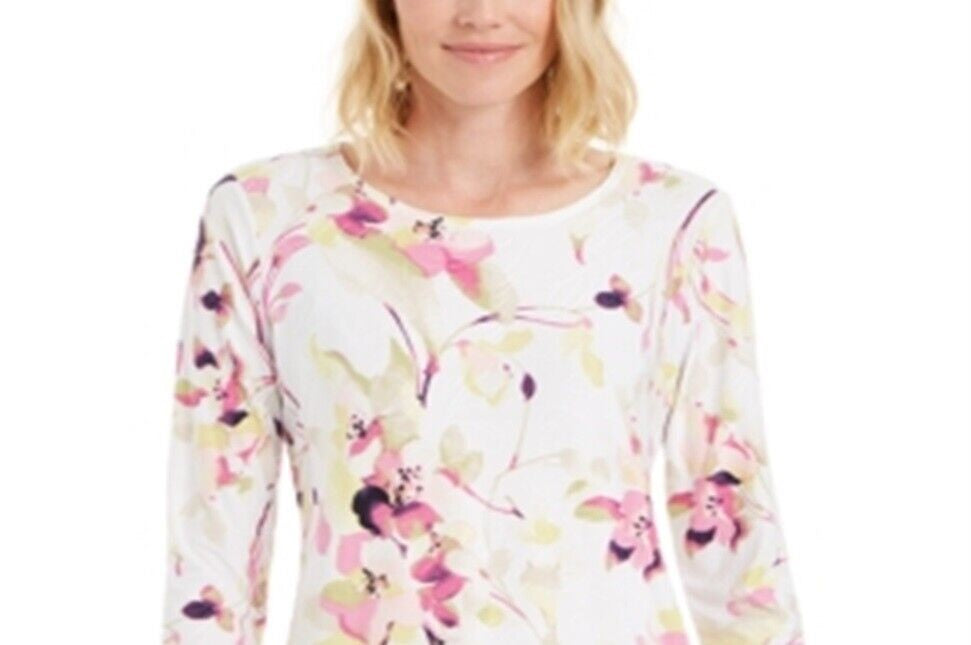 JM Collection Blusa feminina estampada com manga 3/4 em jacquard, rosa, tamanho extrapequeno