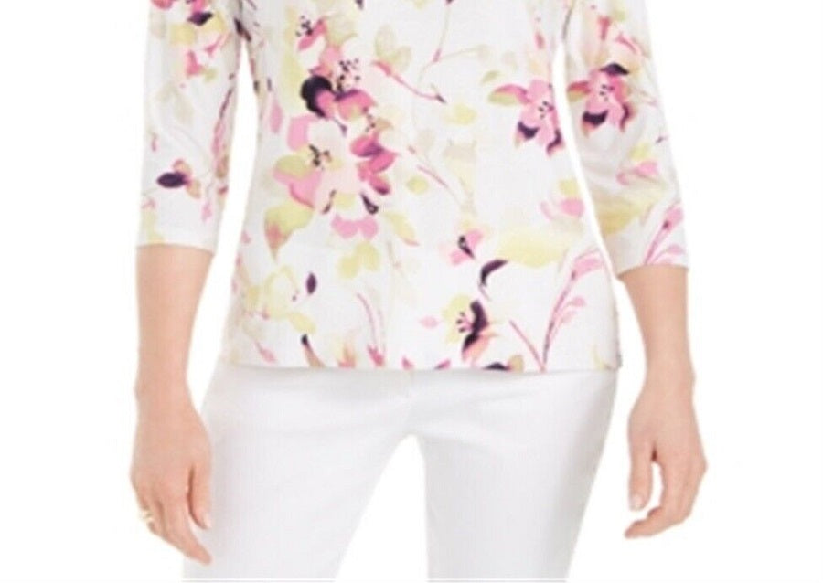 JM Collection Blusa feminina estampada com manga 3/4 em jacquard, rosa, tamanho extrapequeno