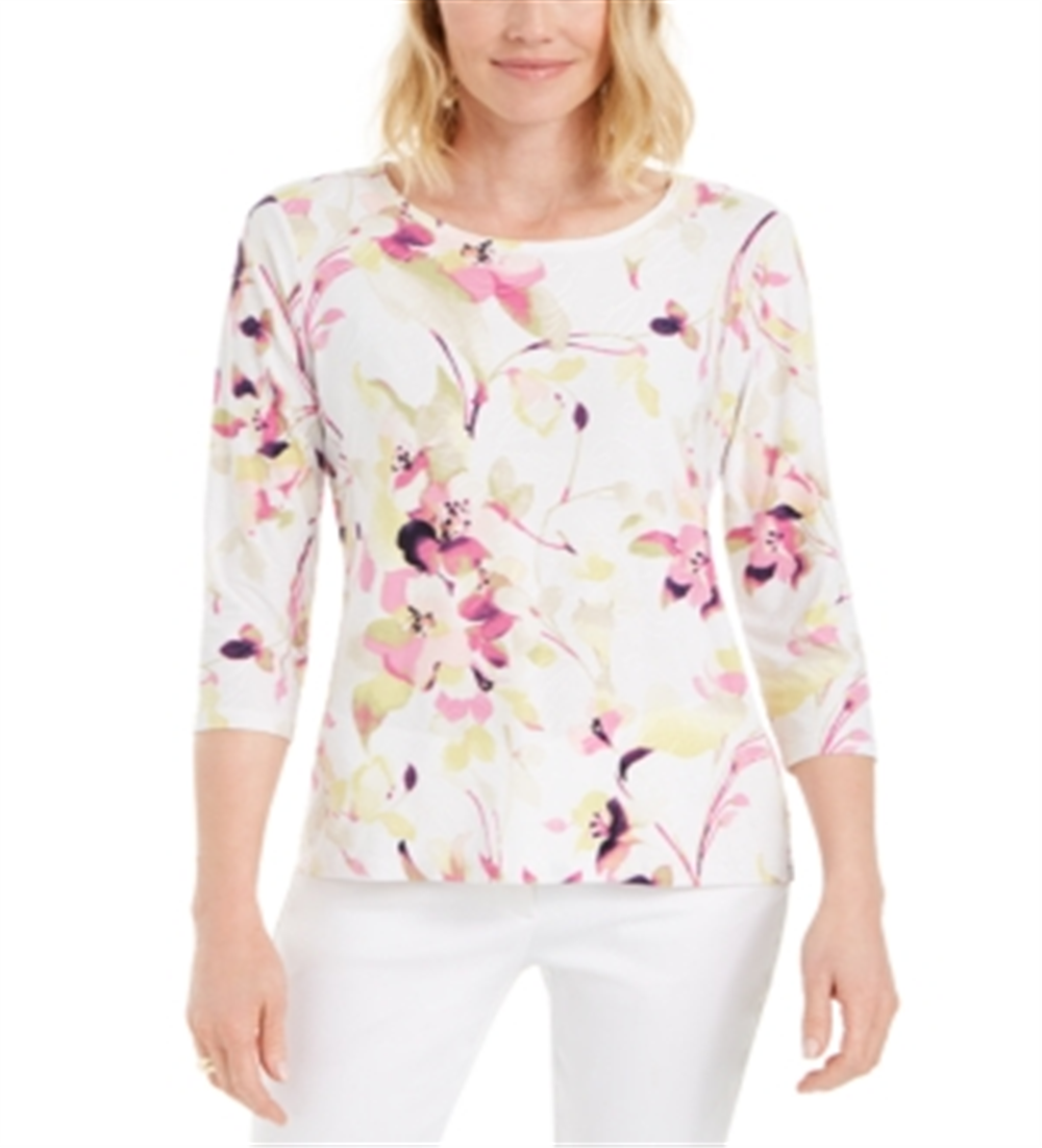 JM Collection Blusa feminina estampada com manga 3/4 em jacquard, rosa, tamanho extrapequeno