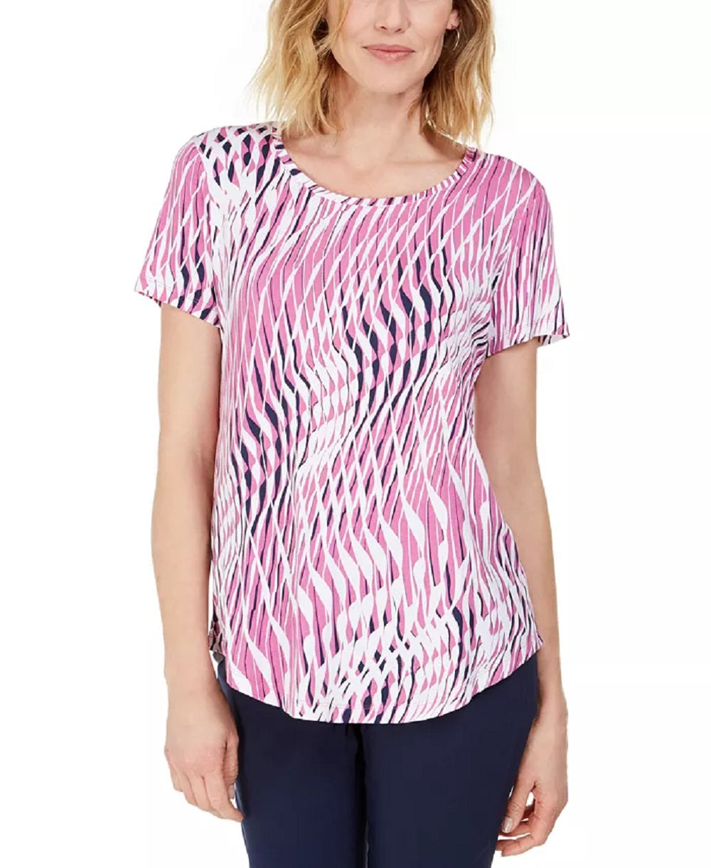 Camiseta feminina estampada com decote redondo e manga curta JM Collection, rosa, tamanho extragrande