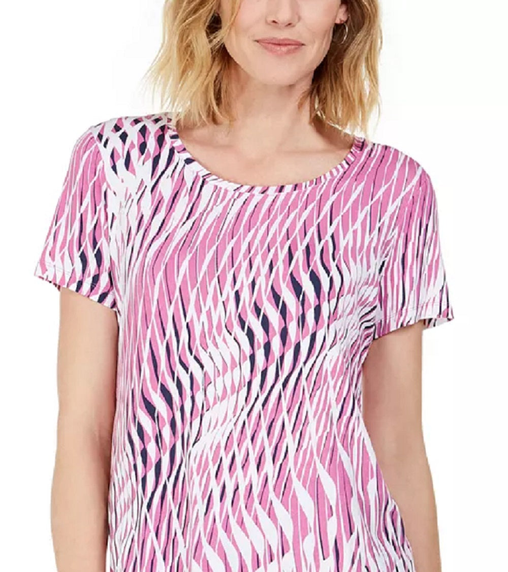 Camiseta feminina estampada com decote redondo e manga curta JM Collection, rosa, tamanho extragrande