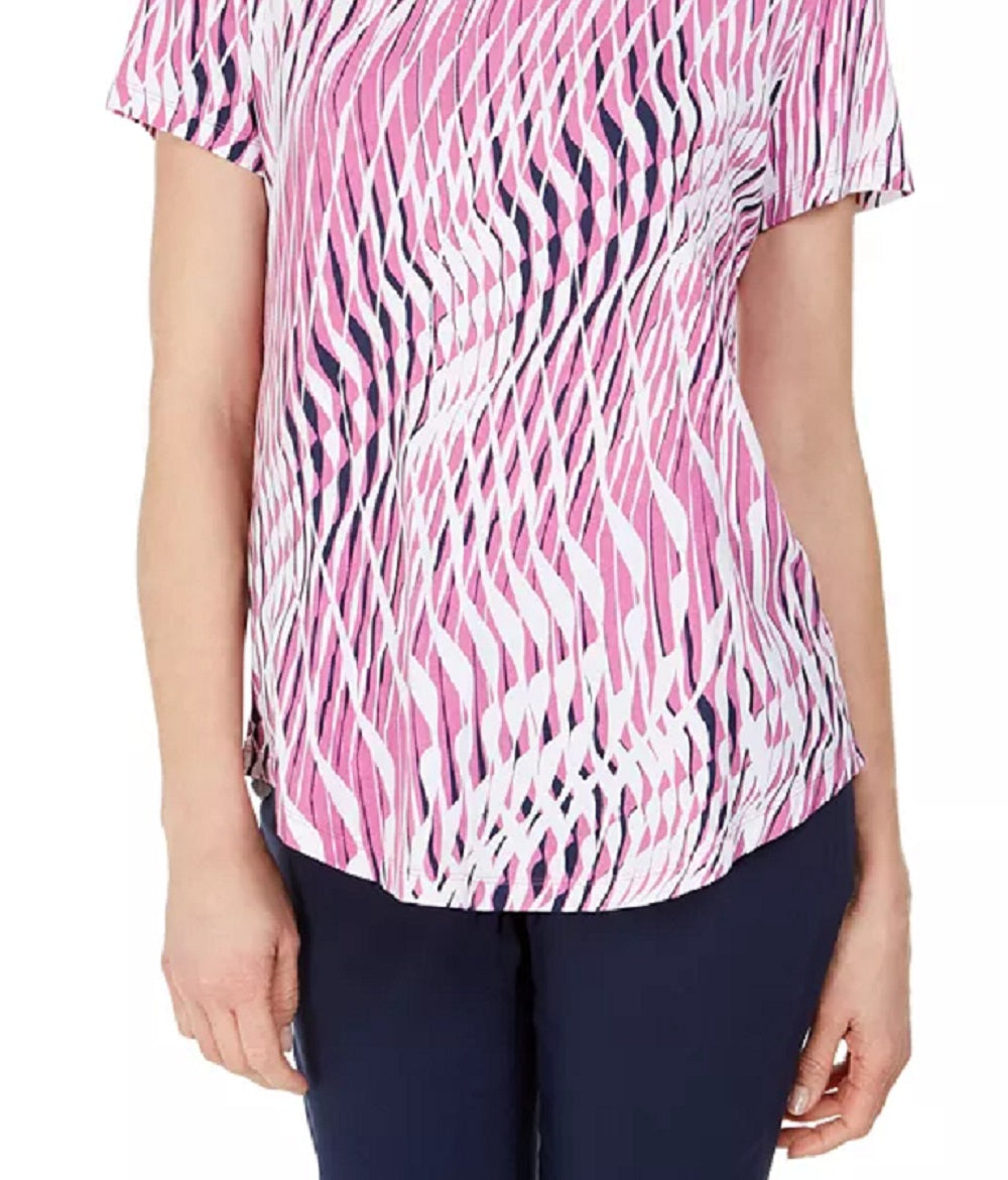 Camiseta feminina estampada com decote redondo e manga curta JM Collection, rosa, tamanho extragrande