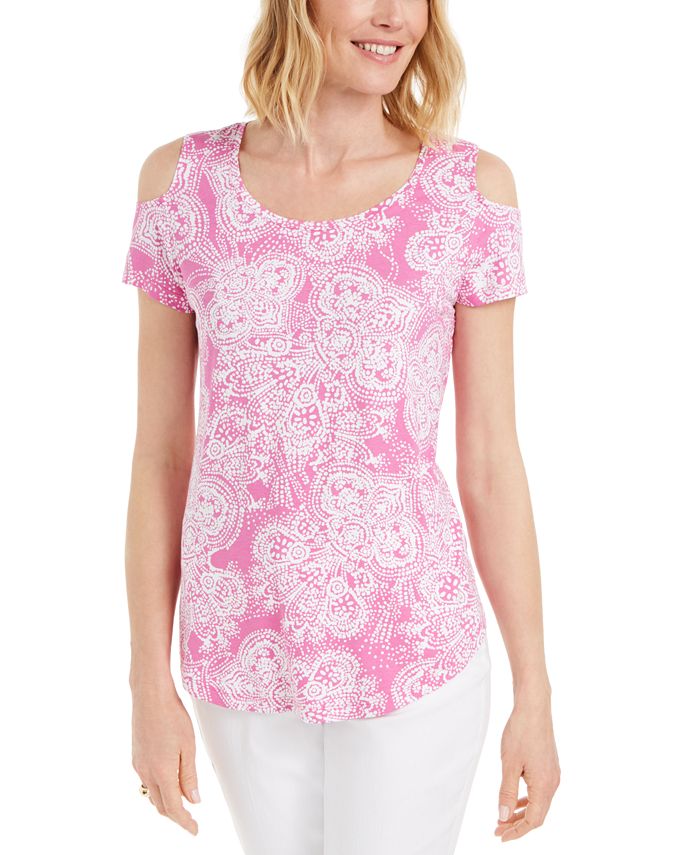 Top feminino estampado com ombros descobertos e decote redondo, tamanho extragrande, rosa, da coleção JM