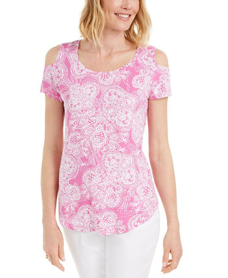 JM Collection Women's Printed Cold Shoulder Scoop Neck Top Pink Size X-Large