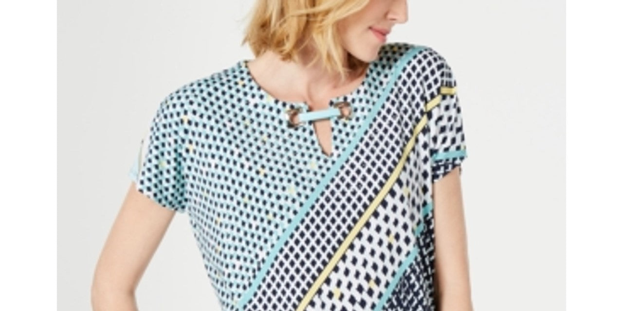 Top feminino com ilhós estampado e decote redondo, tamanho pequeno, azul, da coleção JM