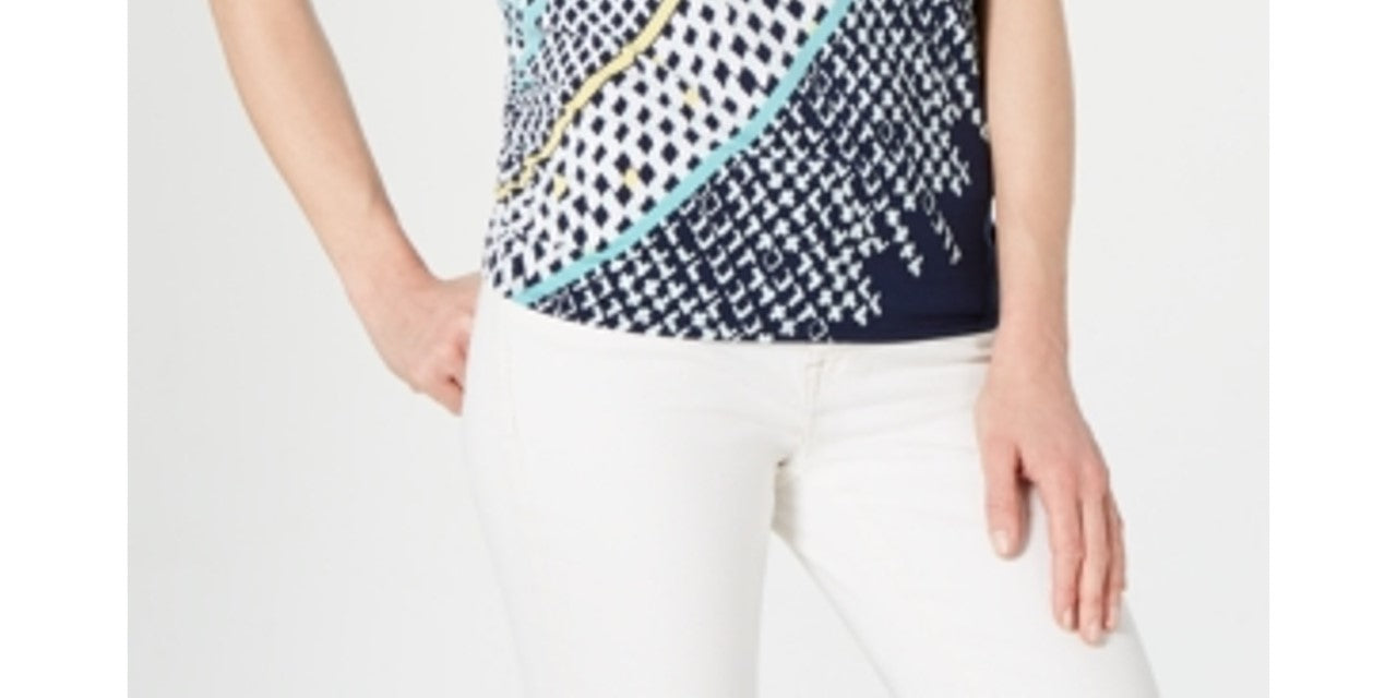 Top feminino com ilhós estampado e decote redondo, tamanho pequeno, azul, da coleção JM