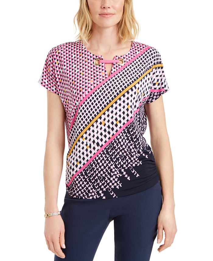 Top feminino com ilhós estampado e decote redondo, tamanho extragrande, rosa, da coleção JM