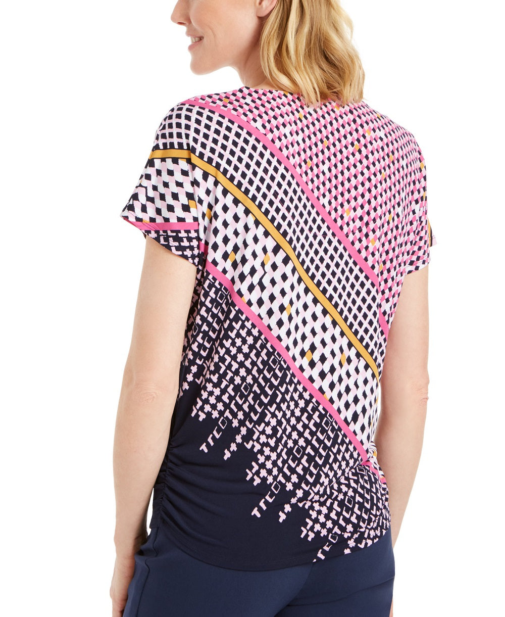 Top feminino com ilhós estampado e decote redondo, tamanho extragrande, rosa, da coleção JM