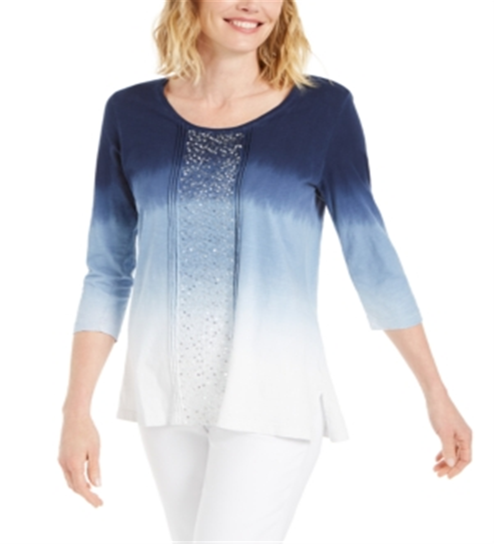 JM Collection Top feminino com decote redondo e lantejoulas, azul, tamanho XX-G