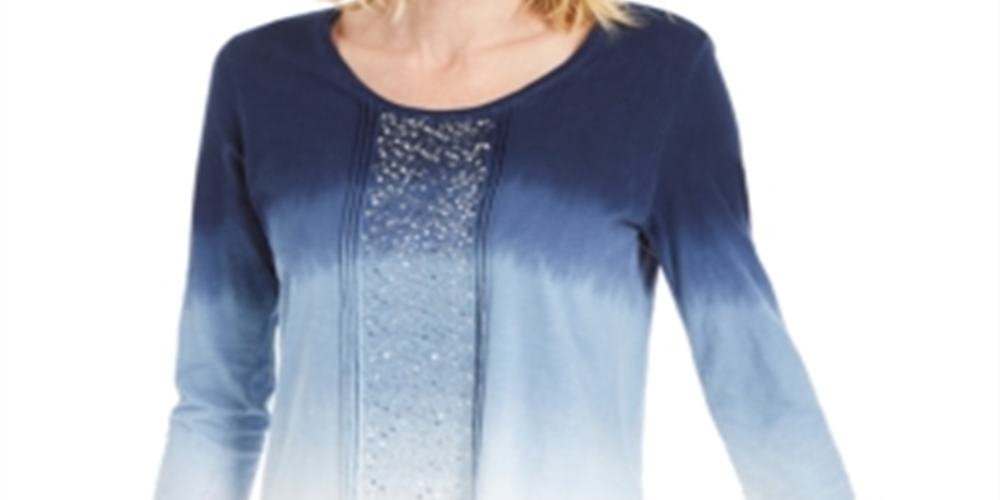 JM Collection Top feminino com decote redondo e lantejoulas, azul, tamanho XX-G