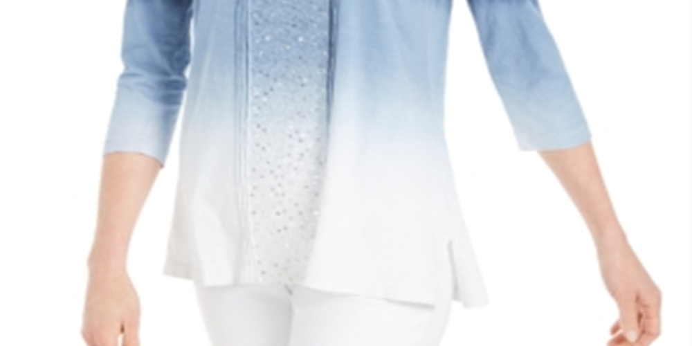 JM Collection Top feminino com decote redondo e lantejoulas, azul, tamanho XX-G