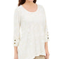 JM Collection Blusa feminina com estampa metálica e botões, marrom, tamanho X-S